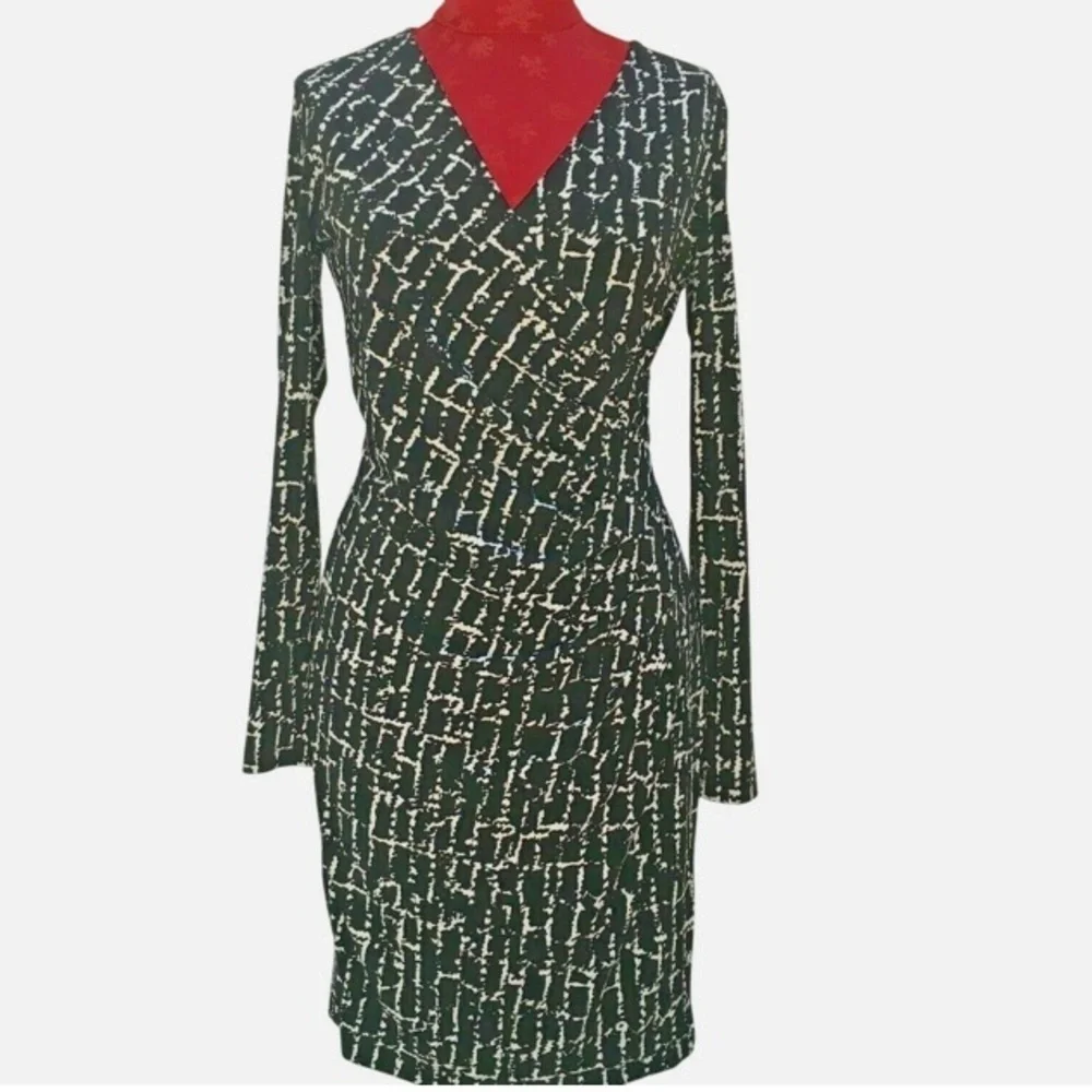 Calvin Klein Black and White Long Sleeve Faux Wrap Dress.  Size 12